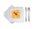 Realistic pasta on white plate. Italian restaurant dish with metallic cutlery. Isolated cafe menu vector element