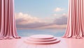 Realistic pastel abstract platform podium on water with waving curtains product promotion mock up