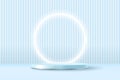 Realistic pastel blue 3d display podium mockup with neon circle on geometric background. Minimal scene with cylinder