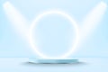 Realistic pastel blue 3d display podium mockup with neon circle. Minimal scene with cylinder platform and spotlights for