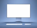 Realistic pc with big white blank monitor, keyboard and computer mouse. 3d rendering.