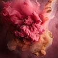 Smoke and colors. Woman smoker. Women portrait with pink peach pigments, deep red with pink smoky mist gradient,