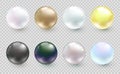 Realistic pearl set isolated on transparent background. Round white, grey, black pearl oyster, precious gem. Vector spherical pink Royalty Free Stock Photo