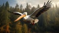 Realistic Pelican Flying Over Forest In Vray Tracing Style