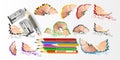 Realistic pencils. 3D colored school stationery with sharpener and shavings. sharpened pencils of various lengths with a Royalty Free Stock Photo