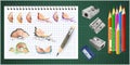 Realistic pencils. 3D colored school stationery with sharpener and shavings. sharpened pencils of various lengths with a Royalty Free Stock Photo