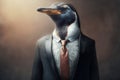 Realistic penguin dressed in a business suit. Generative ai