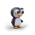 Realistic penguin looks to side. Side view on baby bird