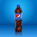 Realistic pepsi cola bottle mock up with blue label with logo isolated on blue background reflected off the floor