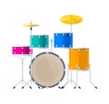 Realistic percussion musical instrument, drum set, sound barrels, plates, wands.