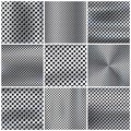 Realistic perforated brushed metal textures set. Polished stainless steel background. Vector illustration.