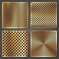 Realistic perforated brushed metal textures set. Polished stainless steel background. Vector illustration.