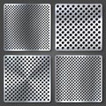 Realistic perforated brushed metal textures set. Polished stainless steel background. Vector illustration.