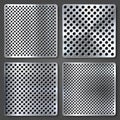 Realistic perforated brushed metal textures set. Polished stainless steel background. Vector illustration.