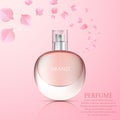 Realistic perfume bottle on abstract floral background, vector