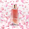 Realistic perfume bottle and flying pink petals background