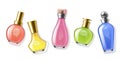 Realistic perfume bottles. Color transparent flasks with scents, 3d glass containers with dispenser spray, bright