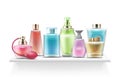 Realistic perfume bottles. Spray glass bottle, cosmetic pack. Isolated fragrance bottle on shelf for store vector