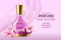 Realistic perfume glass bottle. Women pink luxury sakura essence in elegant vial, delicate floral fragrance, japanese