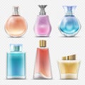 Realistic perfume and scented toilet water bottles vector set