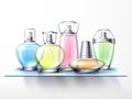Realistic perfume shelf. 3D bottles with toilet water. Fragrance cosmetics spraying vials. Body colognes composition