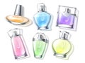 Realistic perfume top view. 3d aroma glass vials with color toilet waters, fragrance bottles lying, air bubbles in