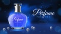 Realistic perfume. Women fragrance toilet water advertisement, cosmetics bottle ad poster template, glass 3d phial