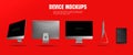 Realistic personal computer from different angles on a red background. Presentation of a new generation computer. Powerful candy b