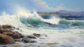 Realistic Perspective Oil Painting: Waves Crashing Onto Rocks