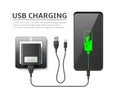 Realistic phone charge process. Smartphone recharging, flexible cable connection, electronic adapter in power socket