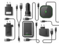Realistic phone charger. Cables with different types sockets, wireless battery, gadgets power supply units, various