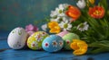 Realistic photo of beautifully decorated easter eggs with vibrant flowers on a festive table setting Royalty Free Stock Photo