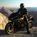 A realistic photo of a black motorcycle and a motorcyclist in a modern protective suit