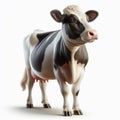 Realistic photo of a black and white cow standing isolated on a white background. Royalty Free Stock Photo