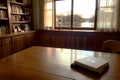 Realistic photo of book on wood desk in a library study room with cozy atmosphere