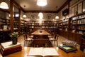 Realistic photo of book on wood desk in a library study room with cozy atmosphere