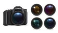 Realistic photo camera. 3D lenses isolated on white background. Photographic equipment vector set Royalty Free Stock Photo