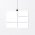 Realistic photo frame hanging with binder clips. Paper cut image. Collage layout vector illustration isolated on white.