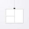 Realistic photo frame hanging with binder clips. Paper cut image. Collage layout vector illustration isolated on white. Wedding