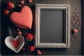 Realistic Photo Frame With Hearts Shapes, Roses On Charcoal Background. 3D Render Love