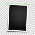 Realistic photo frame with straight edges placed vertically on wall by two pieces of green adhesive tape. Vector template photo Royalty Free Stock Photo