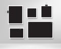 Realistic photo frames. Blank photos frame with paper clips, wall memory, retro image memories album. Vector
