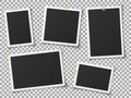 Realistic photo frames. Vintage empty photos frame with adhesive tapes. Images on wall, retro memory album. Vector