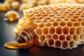 A realistic photo of honeycomb filled with honey, with the intricate hexagonal pattern highlighted by soft, natural light Royalty Free Stock Photo