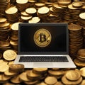 Realistic photo of laptop on piles of golden bitcoin
