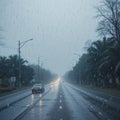 realistic photo of light rain in the middle of an empty road with traffic on the side of the road Royalty Free Stock Photo