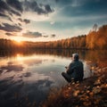 A realistic photo of a man sitting on the shore of a lake and fishing