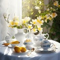 Realistic photo table setting with art decoration flowers Royalty Free Stock Photo