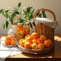 a realistic photo of tangerine jam and tangerines with a basket on the table