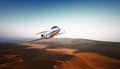 Realistic Photo White Luxury Generic Design Airplane.Private Jet Cruising High Altitude, Flying Over Mountains.Empty